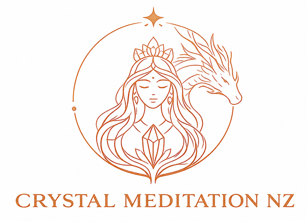 Logo of Crystal Meditation NZ featuring a stylized illustration of a woman with a dragon and text.