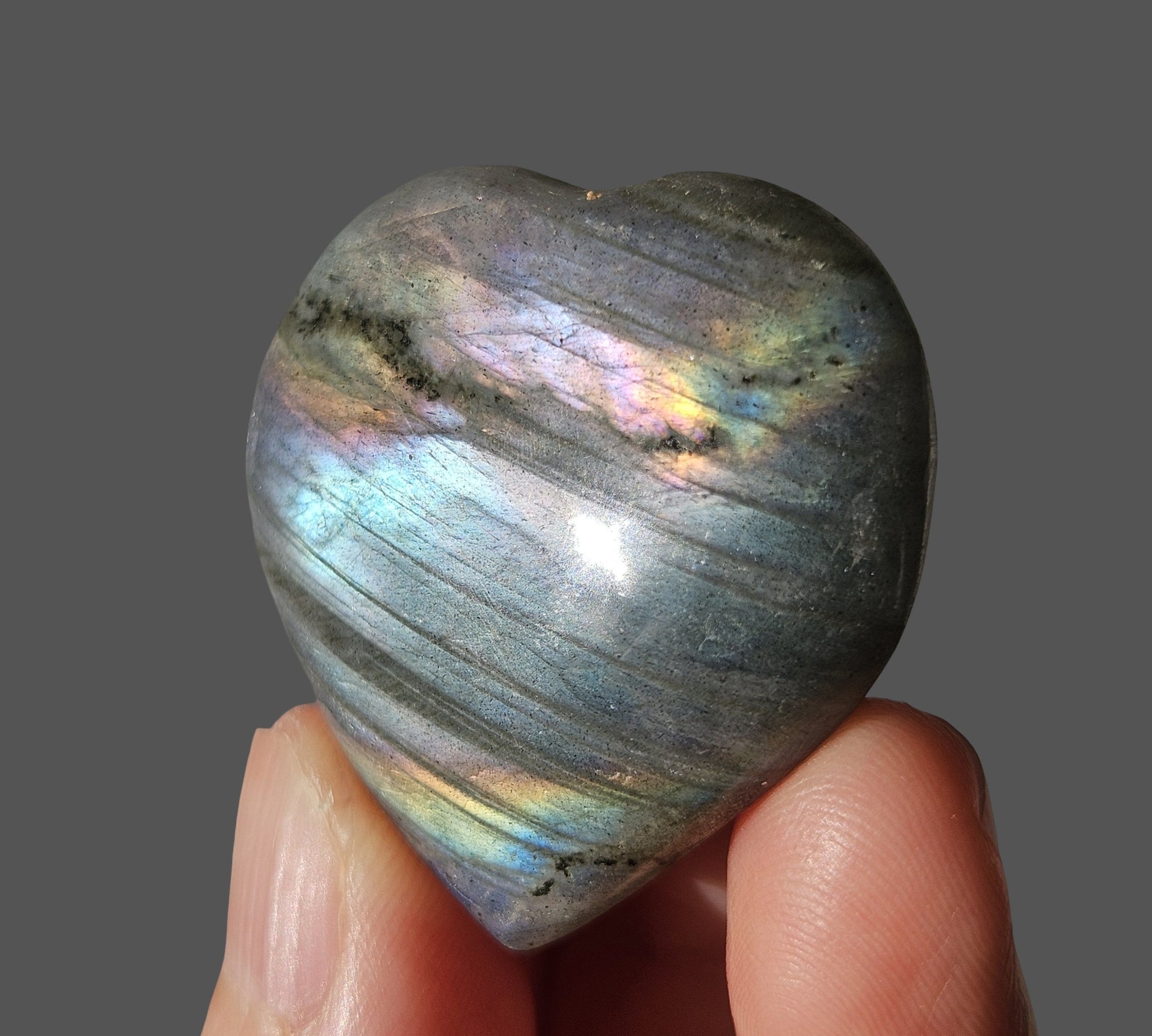 Labradorite heart with pink flash