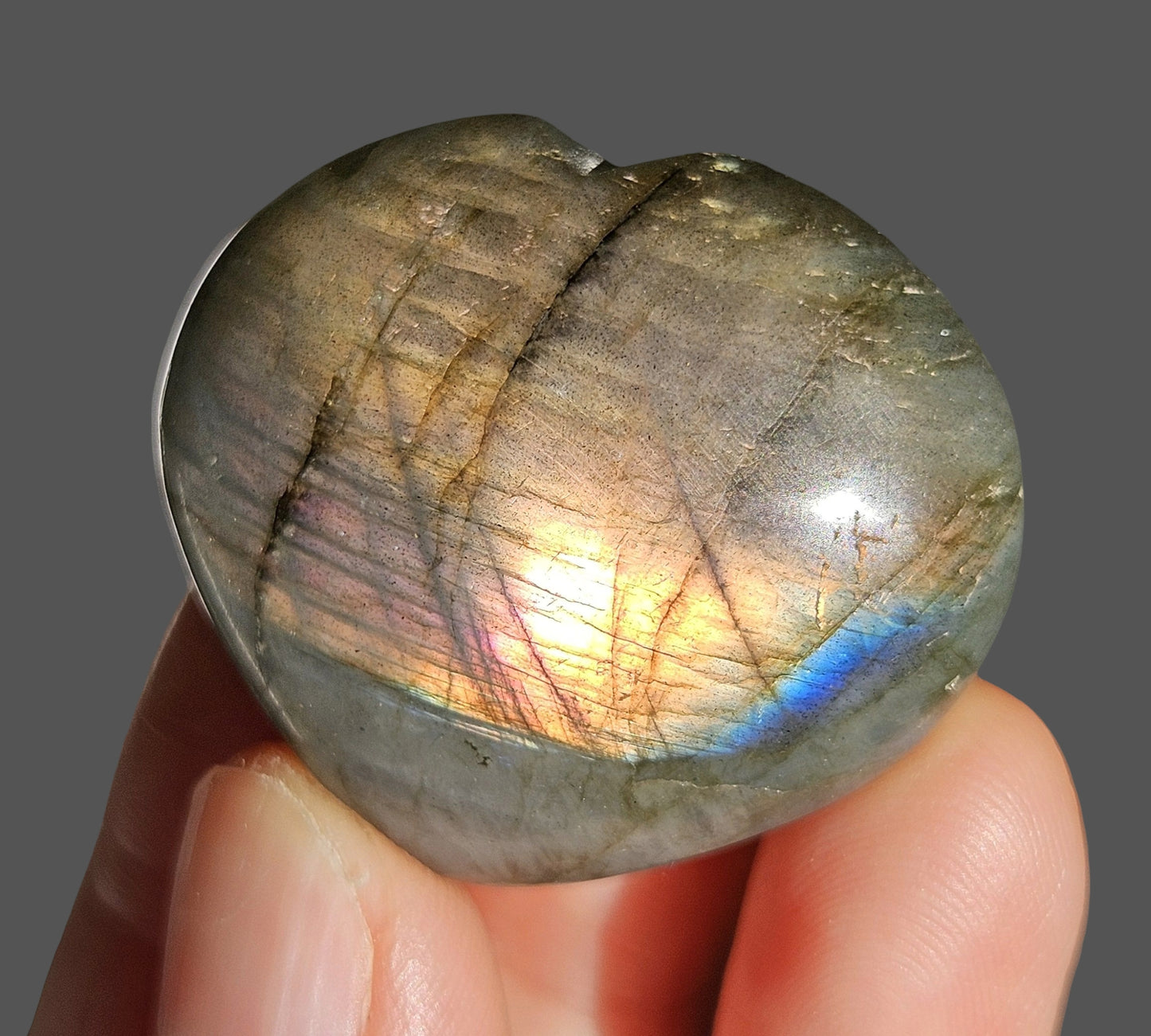 Labradorite heart with orange flash