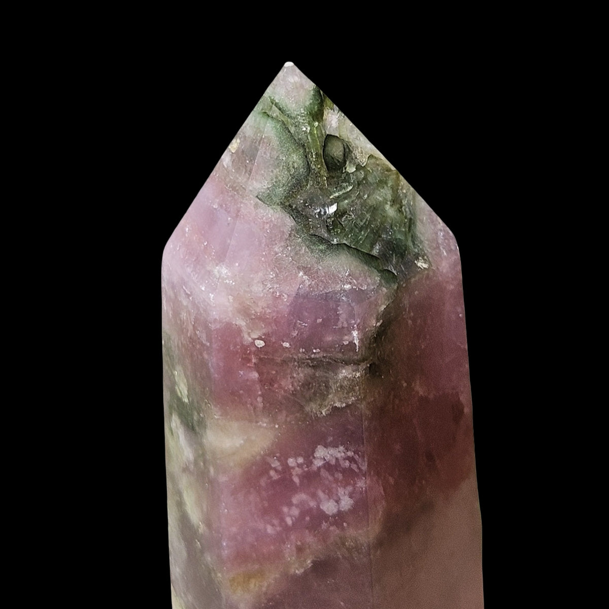 Green Tourmaline and pink lepidolite pseudomorph in quartz