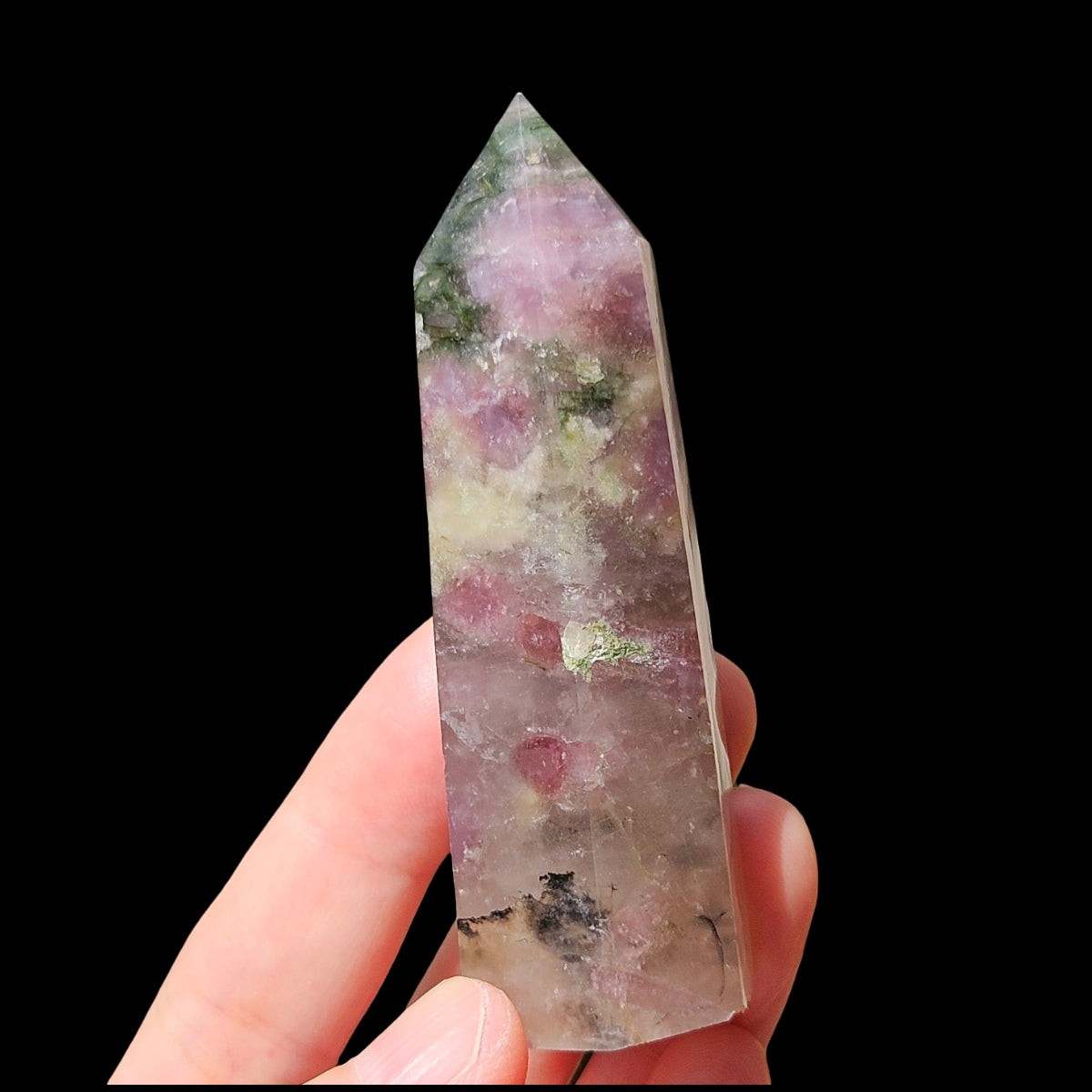 Green Tourmaline and pink lepidolite pseudomorph in quartz